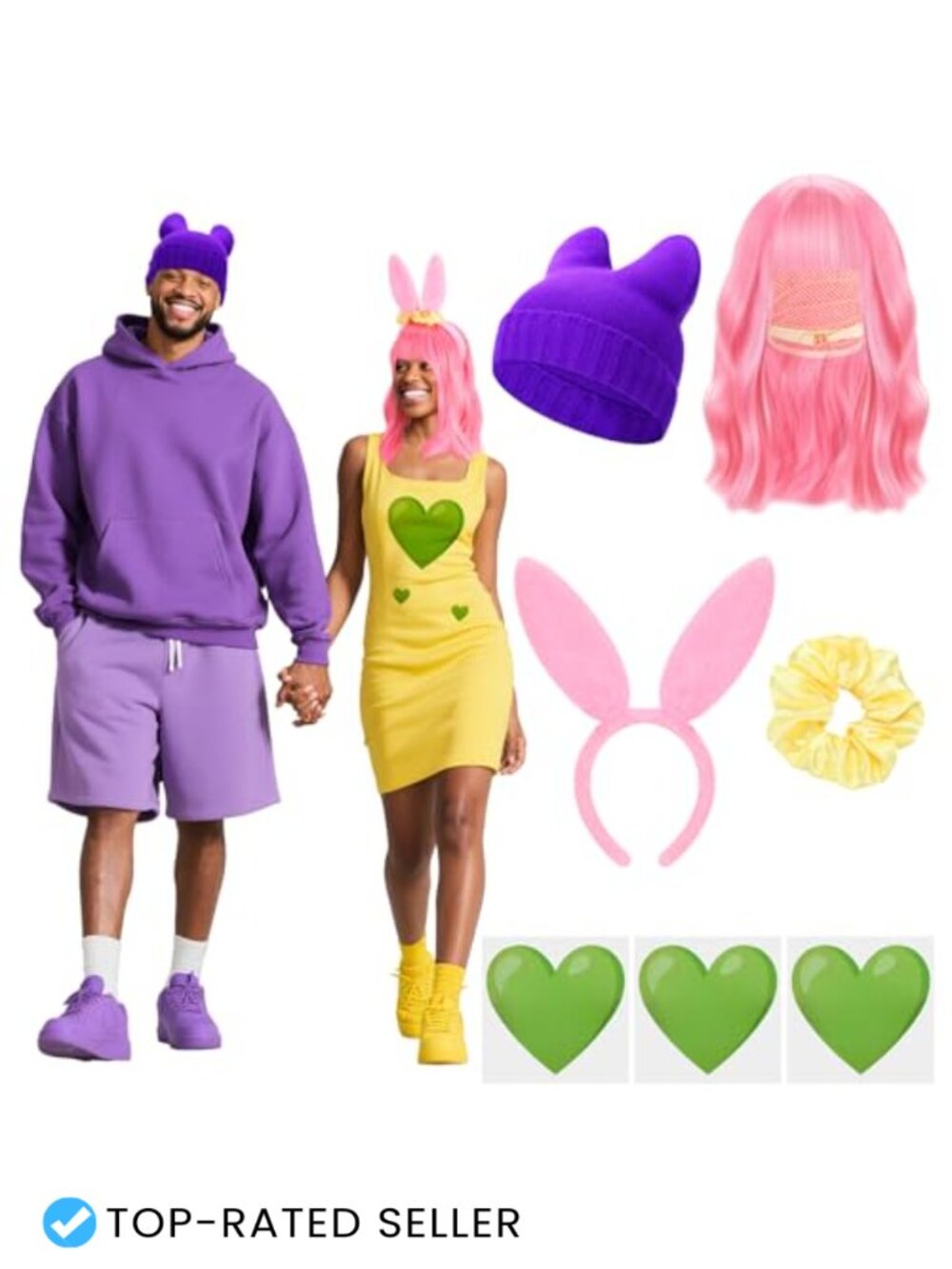 7 Pc Couples Halloween Costume Set Knit Beanie Bunny Ears Wig Patches